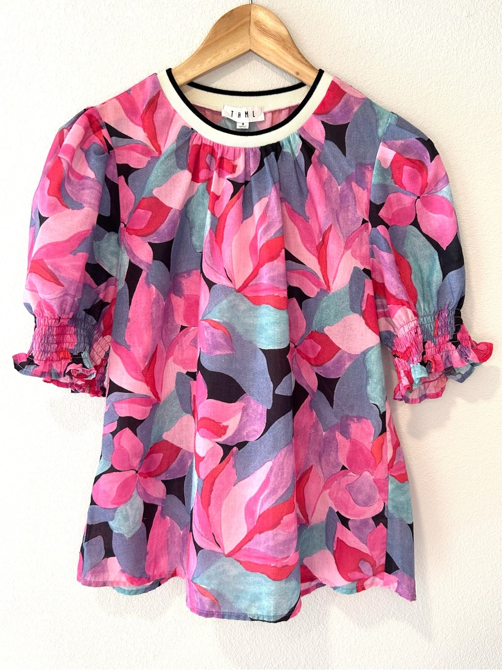 THML Colorful Floral Print Ruffle Sleeve Top Dopamine Dressing Boho Size S